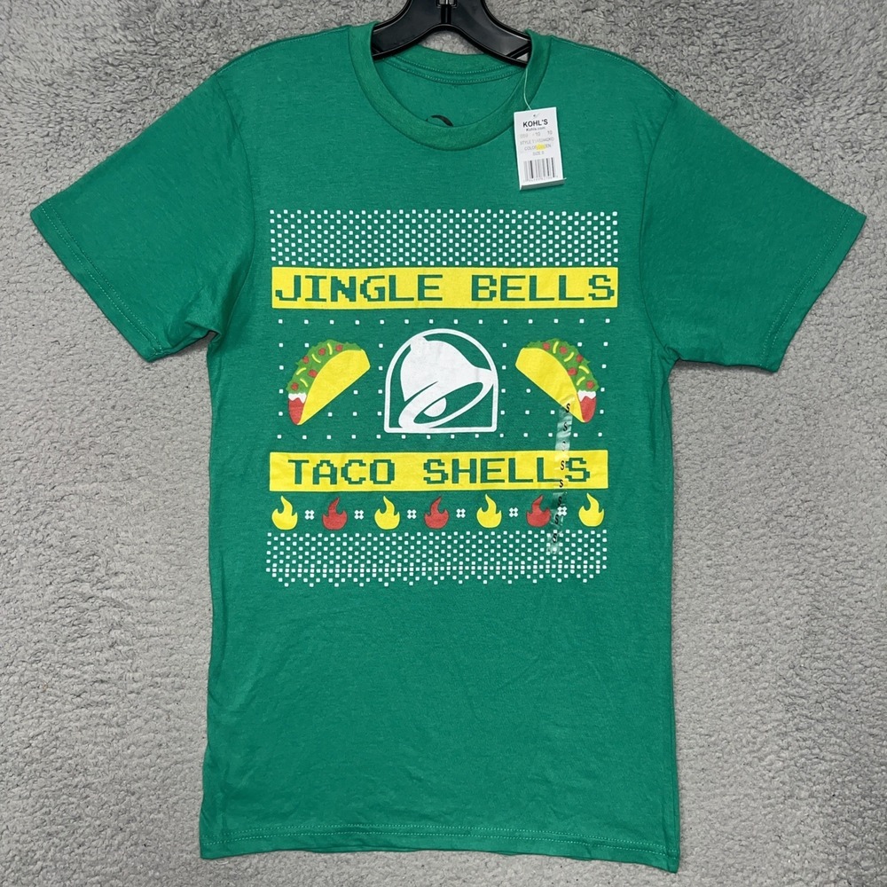 NWT Taco Bell Jingle Bells Taco Shells T Shirt Men's Size S Green Christmas Tee